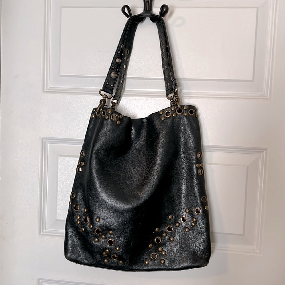 Hobo International Tote Bag with Grommets and Studs Metallic Slate Gray